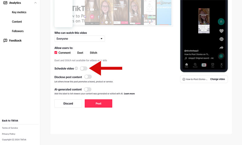 Toggle the Schedule video option