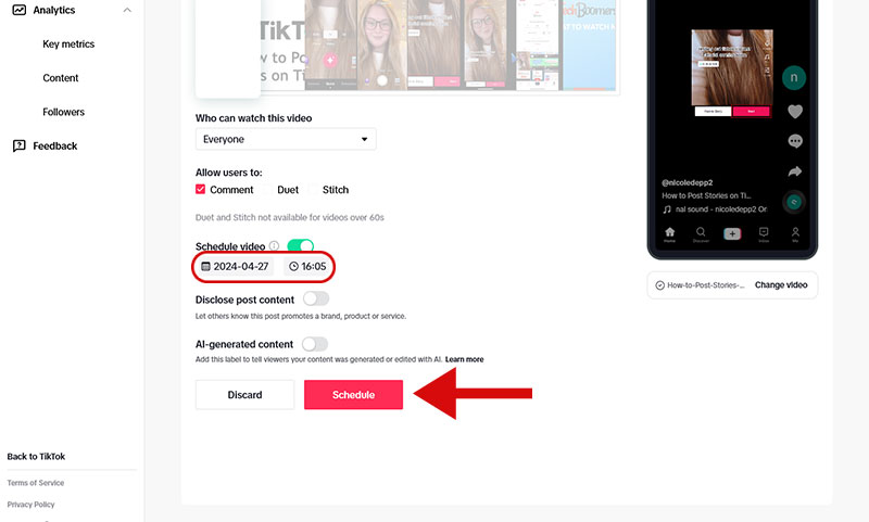specify the date and time of the post-publication and click on schedule button